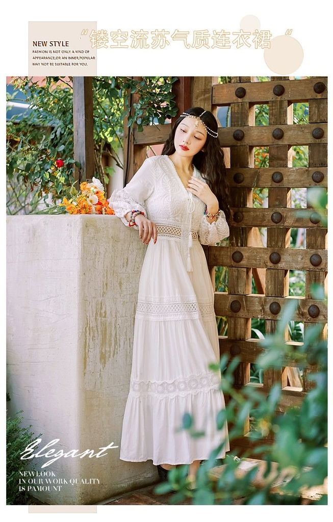 Đầm trắng dài phong cách boho du mục trong trẻo đi chơi du lịch xu hướng xuân hè 2024 hot D107240