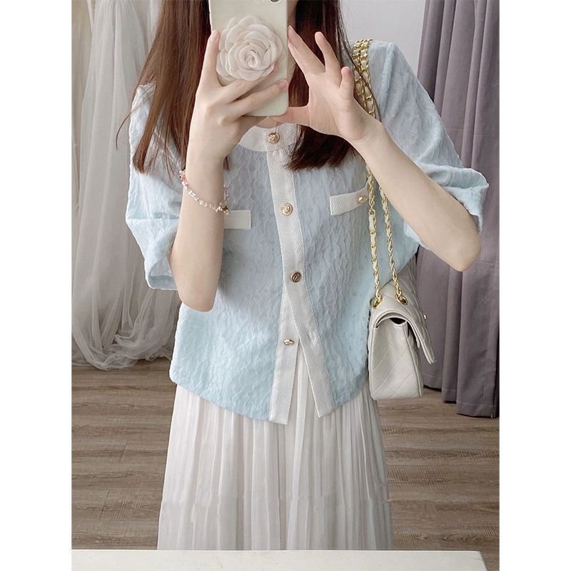 Set váy áo trắng xanh mùa hè phong cách hiện đại thanh lịch Hàn Quốc xu hướng mới nhất D119240
