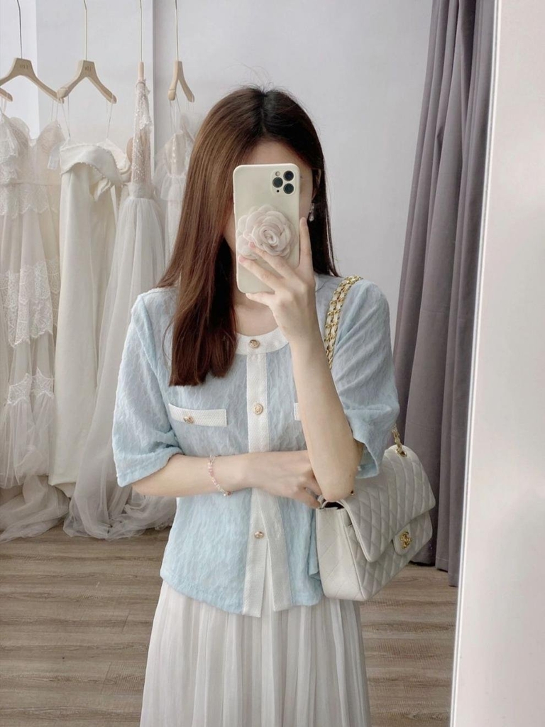 Set váy áo trắng xanh mùa hè phong cách hiện đại thanh lịch Hàn Quốc xu hướng mới nhất D119240