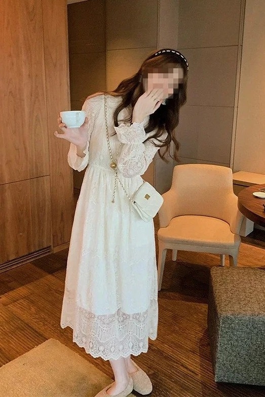 Đầm ren trắng tay dài phong cách sang trọng tiểu thư Hàn Quốc đi chơi đi làm xu hướng mới D124240