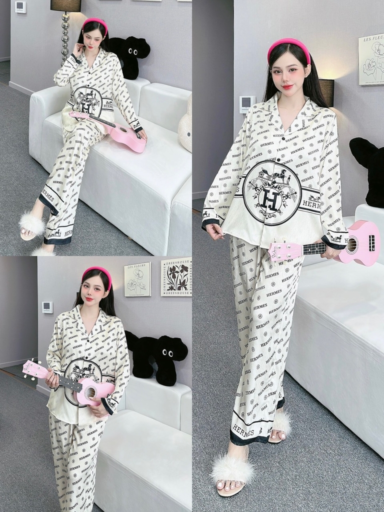 Đồ ngủ Pijama hàng hiệu form dài lụa cao cấp hottrent Trắng họa tiết HM DN139240