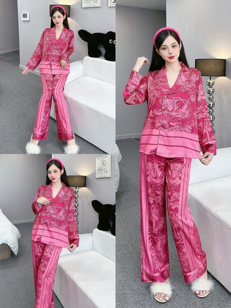 Đồ ngủ Pijama hàng hiệu form dài lụa cao cấp hottrent Hồng họa tiết Thủy Mặc DN138240