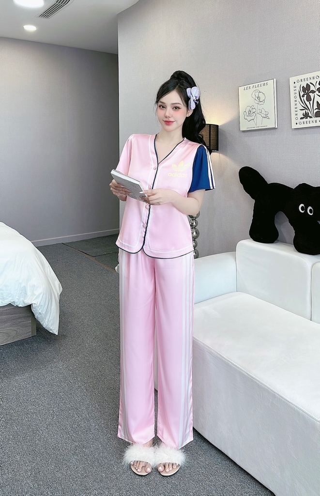 Đồ ngủ Pijama hàng hiệu form dài lụa cao cấp hottrent Thể Thao Hồng vai xanh DN136240