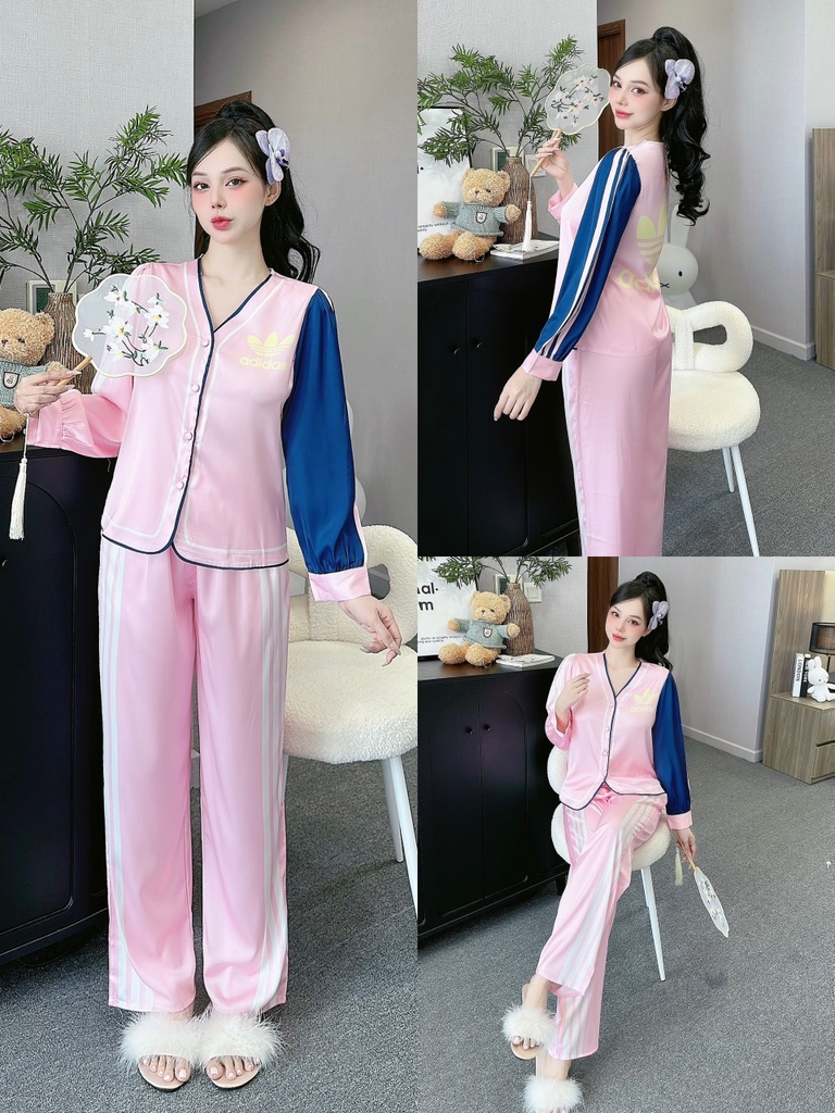 Đồ ngủ Pijama hàng hiệu form dài lụa cao cấp hottrent Thể Thao Hồng vai xanh DN136240