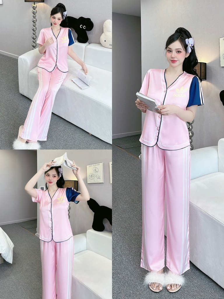 Đồ ngủ Pijama hàng hiệu form dài lụa cao cấp hottrent Thể Thao Hồng vai xanh DN136240