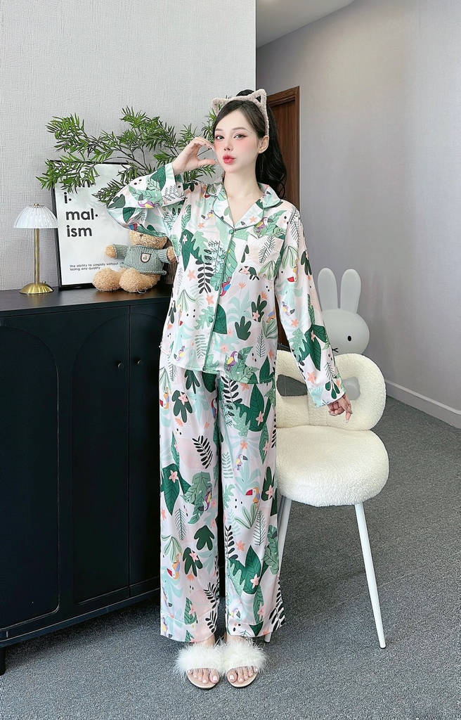 Đồ ngủ Pijama hàng hiệu form dài lụa cao cấp hottrent Họa Tiết lá dương xĩ DN132240