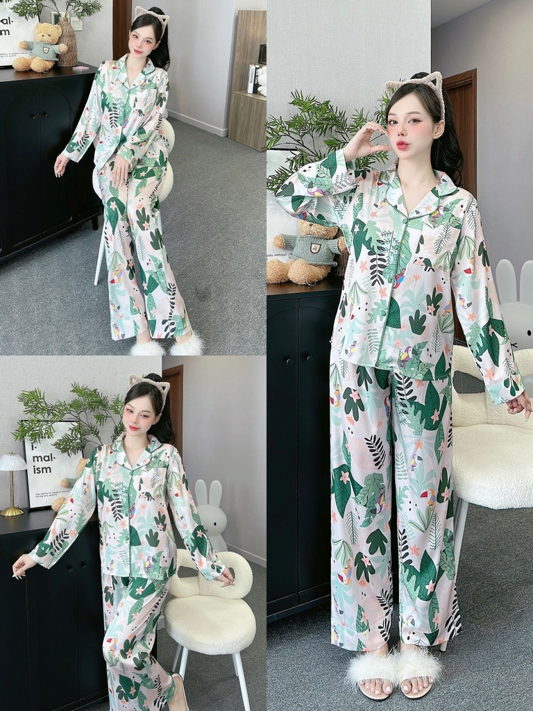 Đồ ngủ Pijama hàng hiệu form dài lụa cao cấp hottrent Họa Tiết lá dương xĩ DN132240