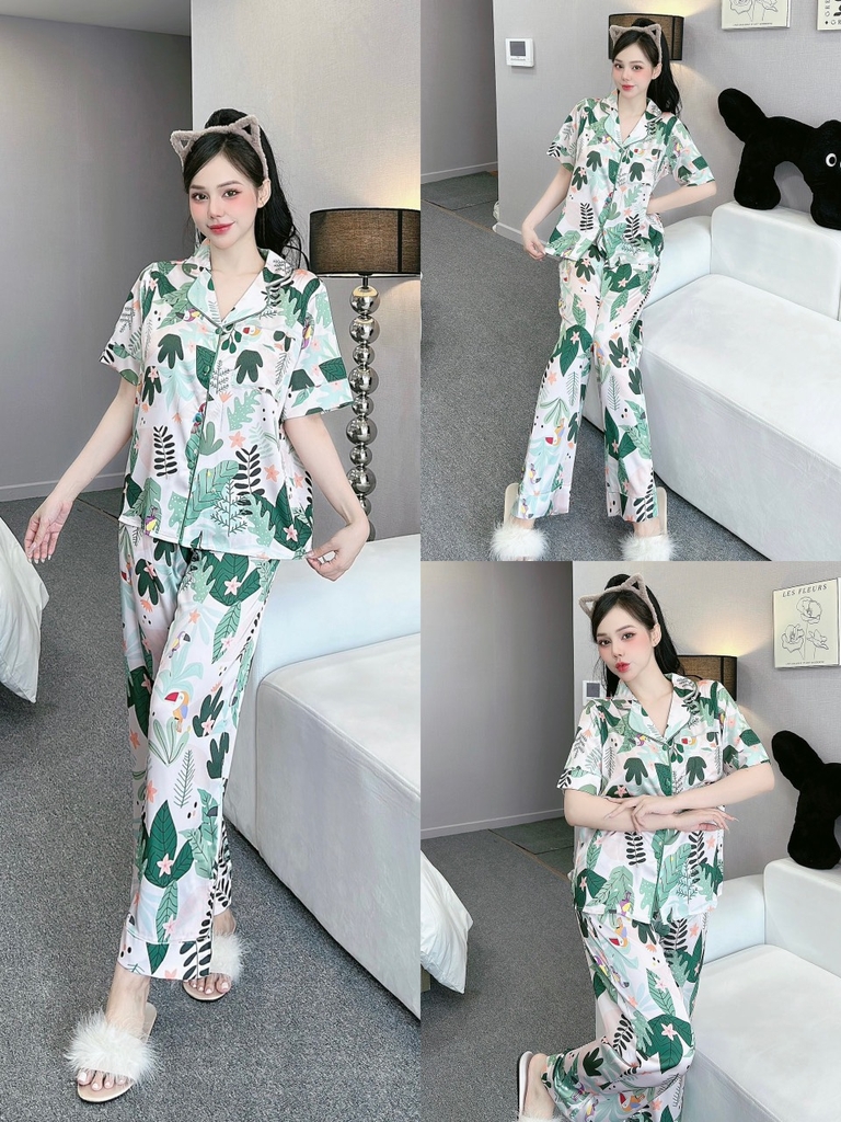 Đồ ngủ Pijama hàng hiệu form dài lụa cao cấp hottrent Họa Tiết lá dương xĩ DN132240