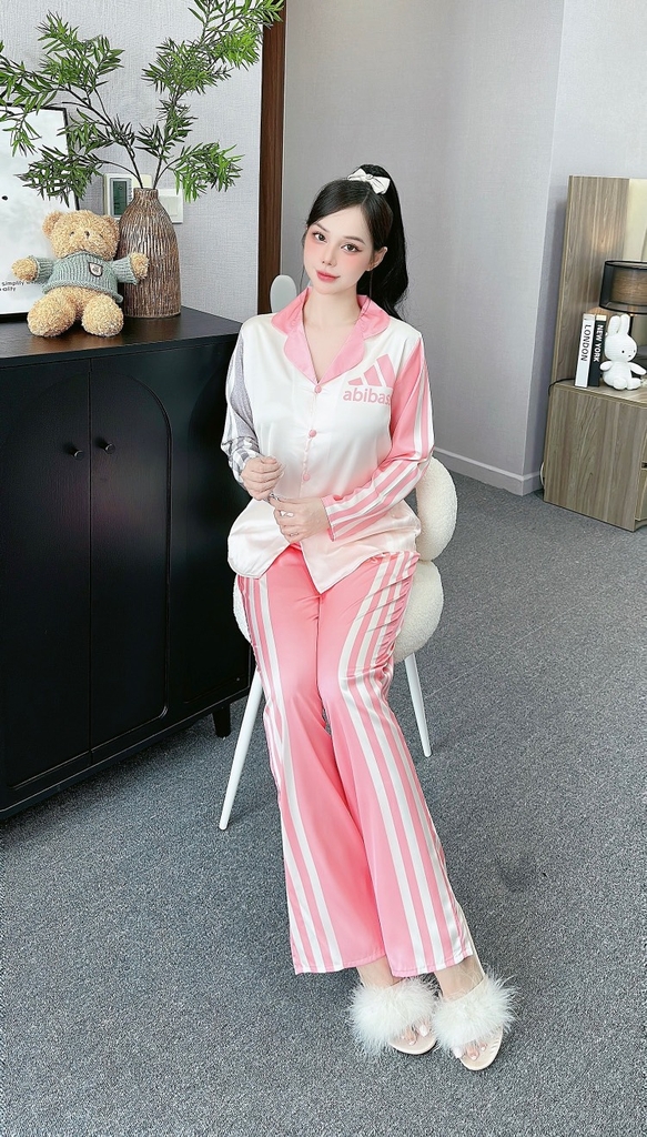 Đồ ngủ Pijama hàng hiệu form dài lụa cao cấp hottrent Thể Thao Hồng phối sọc DN130240