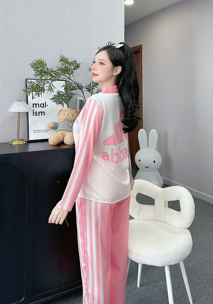 Đồ ngủ Pijama hàng hiệu form dài lụa cao cấp hottrent Thể Thao Hồng phối sọc DN130240