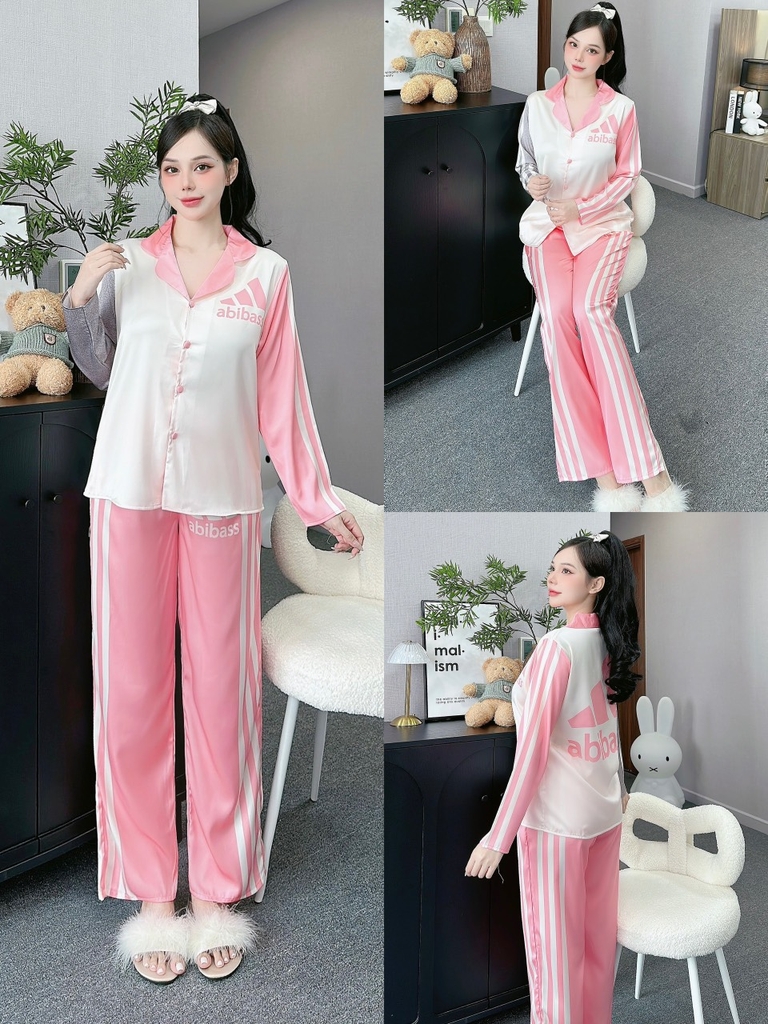 Đồ ngủ Pijama hàng hiệu form dài lụa cao cấp hottrent Thể Thao Hồng phối sọc DN130240
