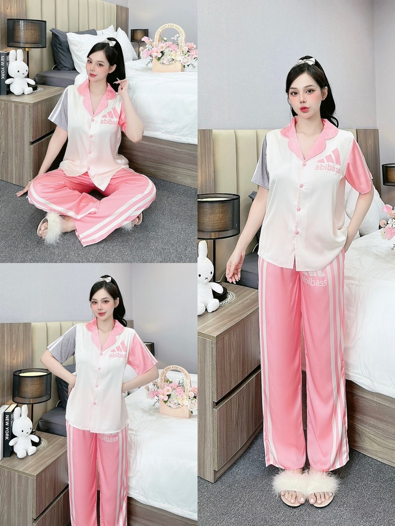 Đồ ngủ Pijama hàng hiệu form dài lụa cao cấp hottrent Thể Thao Hồng phối sọc DN130240