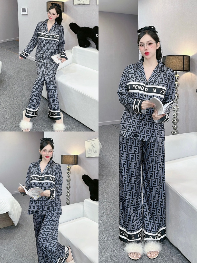 Đồ ngủ Pijama hàng hiệu form dài lụa cao cấp hottrent Ghi họa tiết thanh lịch DN126240