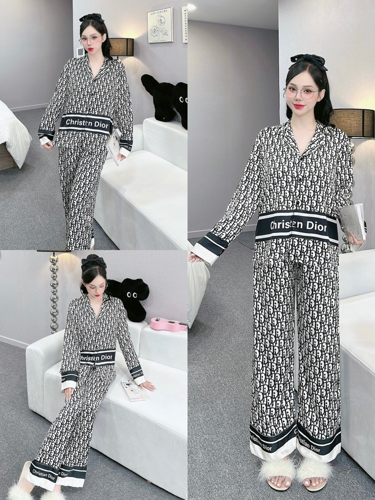 Đồ ngủ Pijama hàng hiệu form dài lụa cao cấp hottrent Ghi họa tiết thanh lịch DN126240