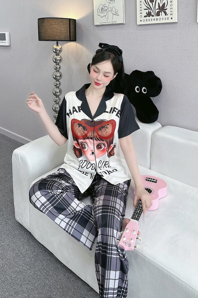 Đồ ngủ Pijama hàng hiệu form dài lụa cao cấp hottrent Họa tiết kẻ sọc đen DN122240