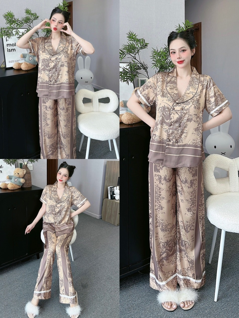 Đồ ngủ Pijama hàng hiệu form dài lụa cao cấp hottrent Cam nâu họa tiết trung hoa DN118240