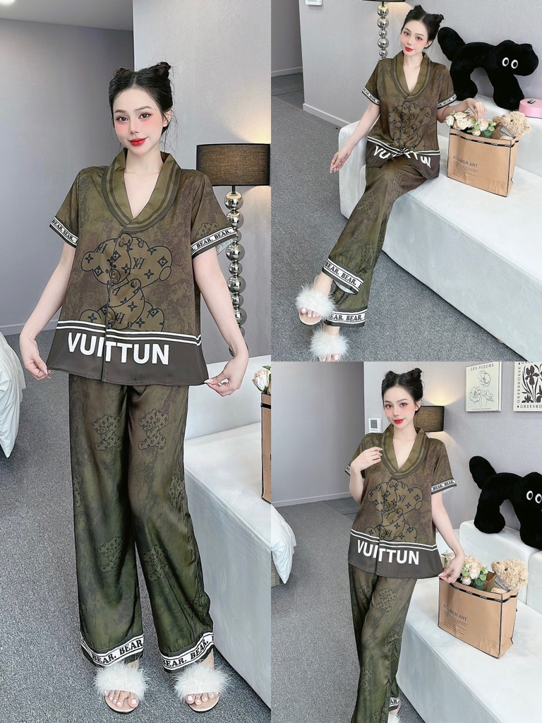 Đồ ngủ Pijama hàng hiệu form dài lụa cao cấp hottrent Rêu họa tiết gấu LV DN123240