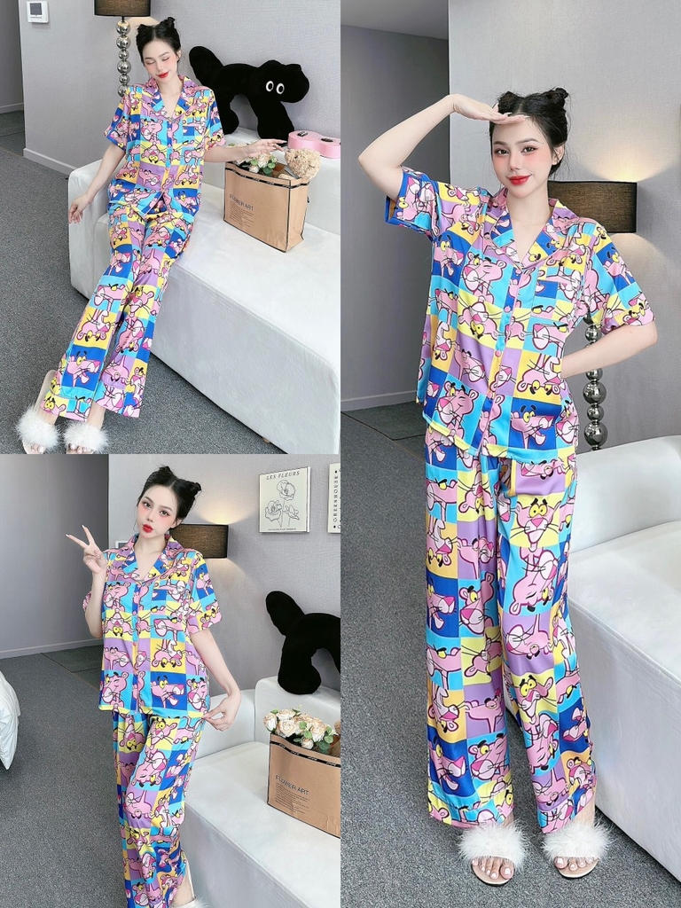 Đồ ngủ Pijama hàng hiệu form dài lụa cao cấp hottrent Họa tiết Báo Hồng DN125240