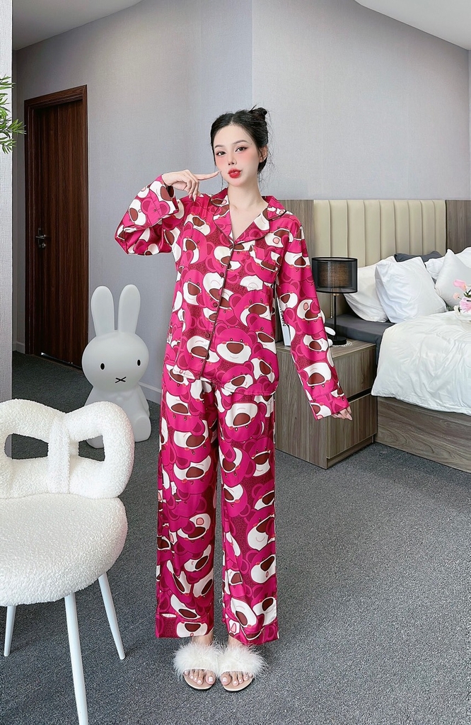 Đồ ngủ Pijama hàng hiệu form dài lụa cao cấp hottrent Họa tiết Gấu Hồng DN127240