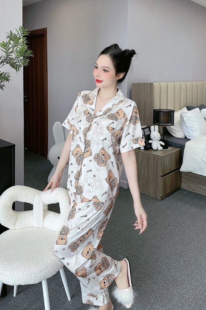 Đồ ngủ Pijama hàng hiệu form dài lụa cao cấp hottrent Trắng họa tiết Gấu Nâu DN128240