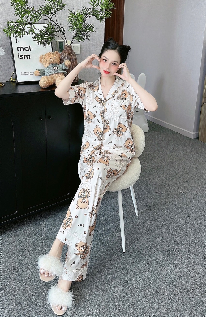 Đồ ngủ Pijama hàng hiệu form dài lụa cao cấp hottrent Trắng họa tiết Gấu Nâu DN128240