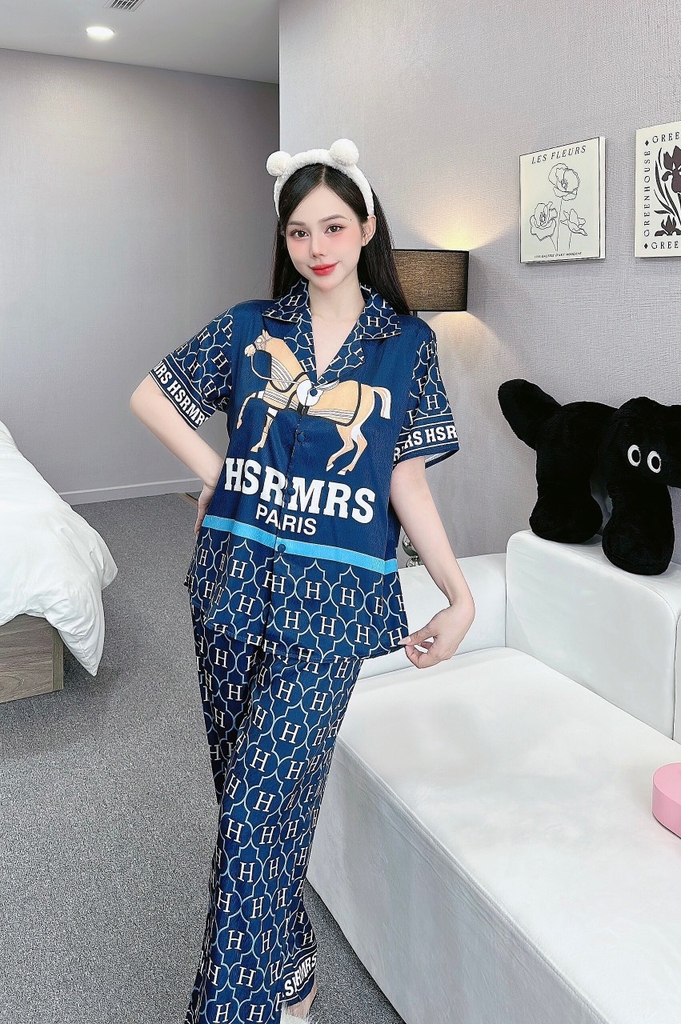 Đồ ngủ Pijama hàng hiệu form dài lụa cao cấp hottrent Xanh họa tiết chữ H DN131240