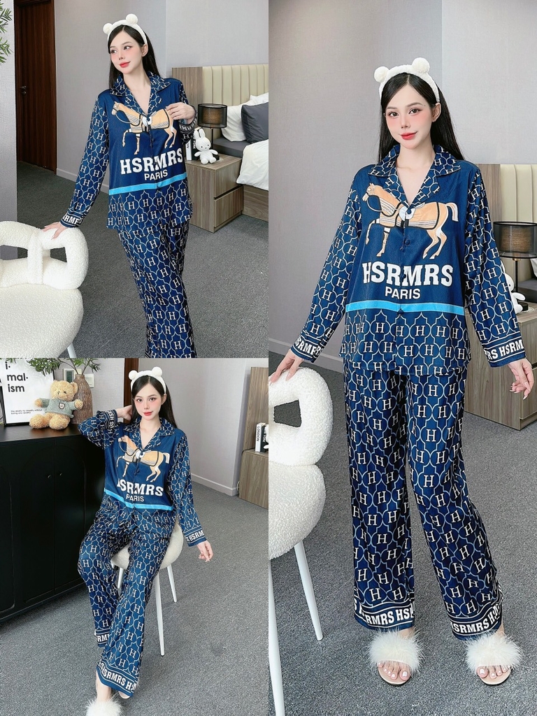 Đồ ngủ Pijama hàng hiệu form dài lụa cao cấp hottrent Xanh họa tiết chữ H DN131240