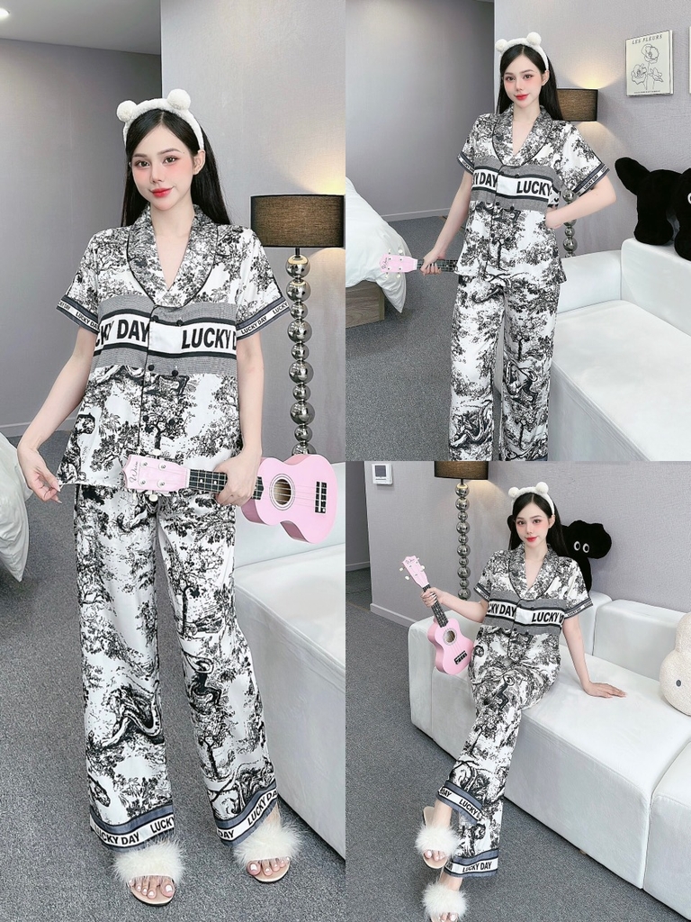 Đồ ngủ Pijama hàng hiệu form dài lụa cao cấp hottrent Trắng họa tiết Thủy Mạch DN135240