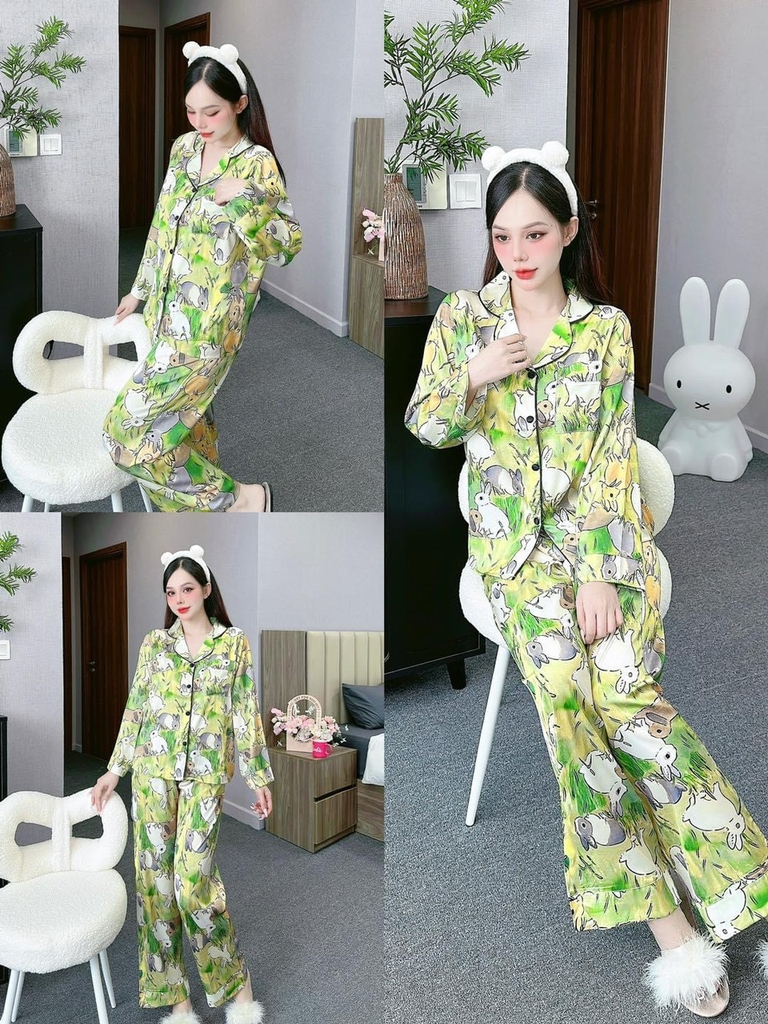 Đồ ngủ Pijama hàng hiệu form dài lụa cao cấp hottrent Xanh vàng họa tiết thỏ DN143240