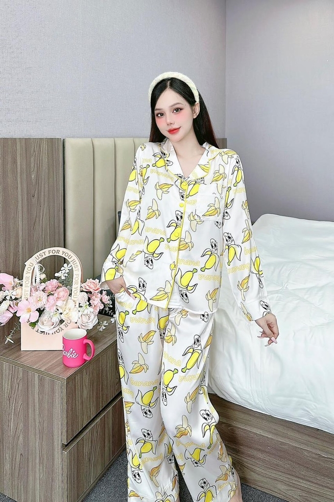 Đồ ngủ Pijama hàng hiệu form dài lụa cao cấp hottrent Trắng họa tiết Chuối vàng DN142240