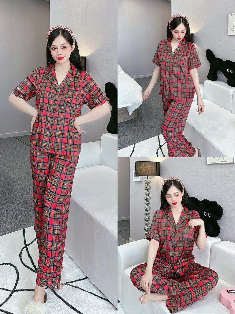 Đồ ngủ Pijama hàng hiệu form dài lụa cao cấp hottrent Karo Đỏ phối xanh  DN149240