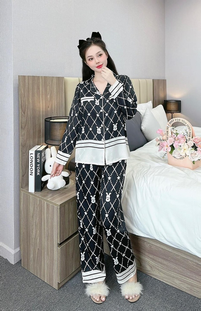 Đồ ngủ Pijama hàng hiệu form dài lụa cao cấp hottrent Màu đen phối lưới DN145240