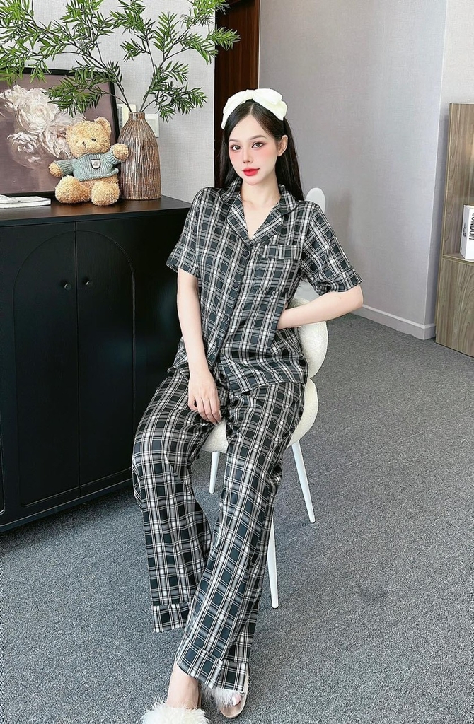 Đồ ngủ Pijama hàng hiệu form dài lụa cao cấp hottrent Karo đen trắng DN153240
