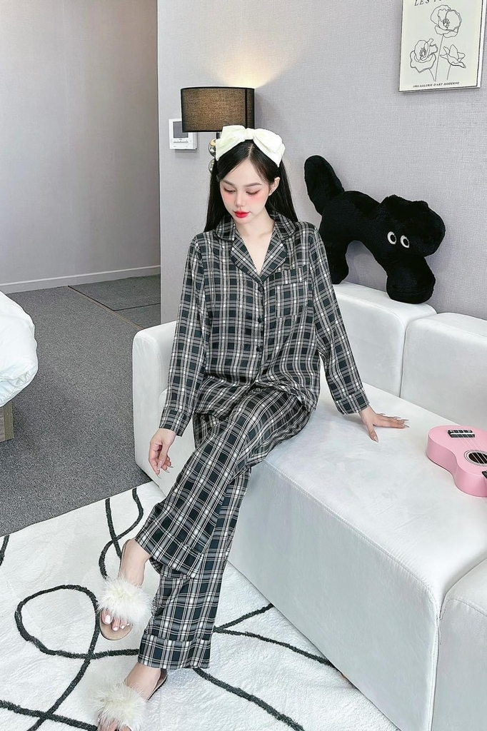 Đồ ngủ Pijama hàng hiệu form dài lụa cao cấp hottrent Karo đen trắng DN153240