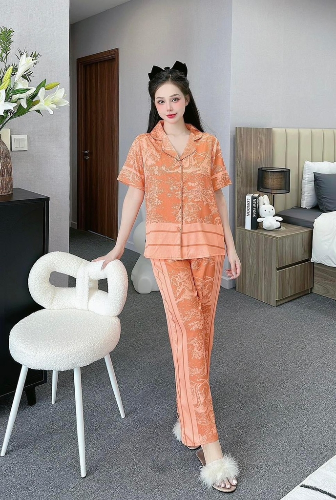 Đồ ngủ Pijama hàng hiệu form dài lụa cao cấp hottrent Cam phối thủy mặc DN154240