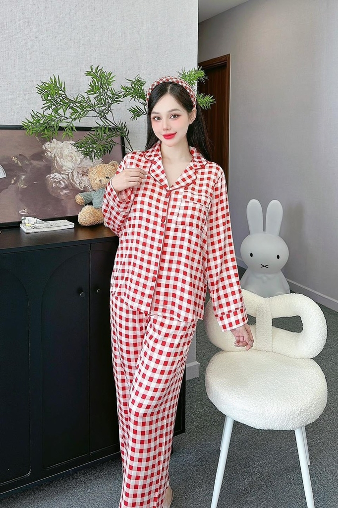 Đồ ngủ Pijama hàng hiệu form dài lụa cao cấp hottrent Karo đỏ trắng DN152240