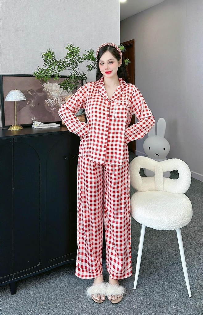 Đồ ngủ Pijama hàng hiệu form dài lụa cao cấp hottrent Karo đỏ trắng DN152240