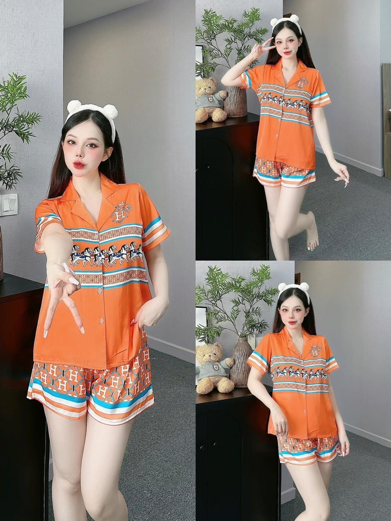 Set bộ đùi Pijama hàng hiệu form ngắn lụa cao cấp hottrent Cam phối sọc ngựa HM DN165240