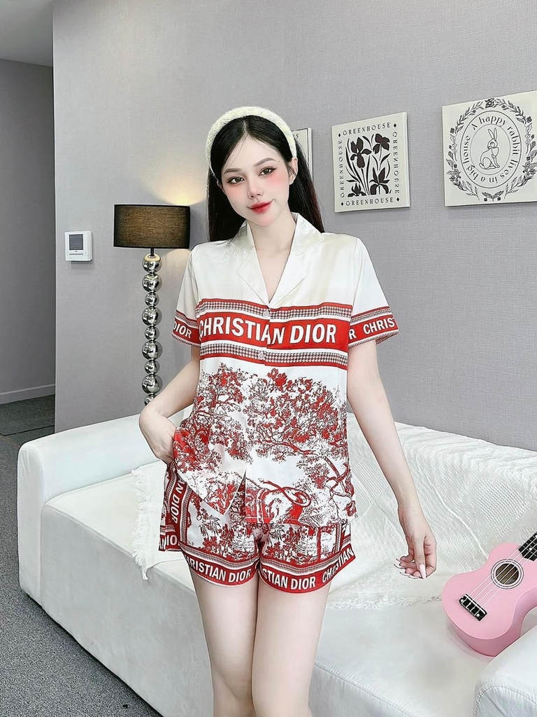 Set bộ đùi Pijama hàng hiệu form ngắn lụa cao cấp hottrent Đỏ phối họa tiết tranh DN160240