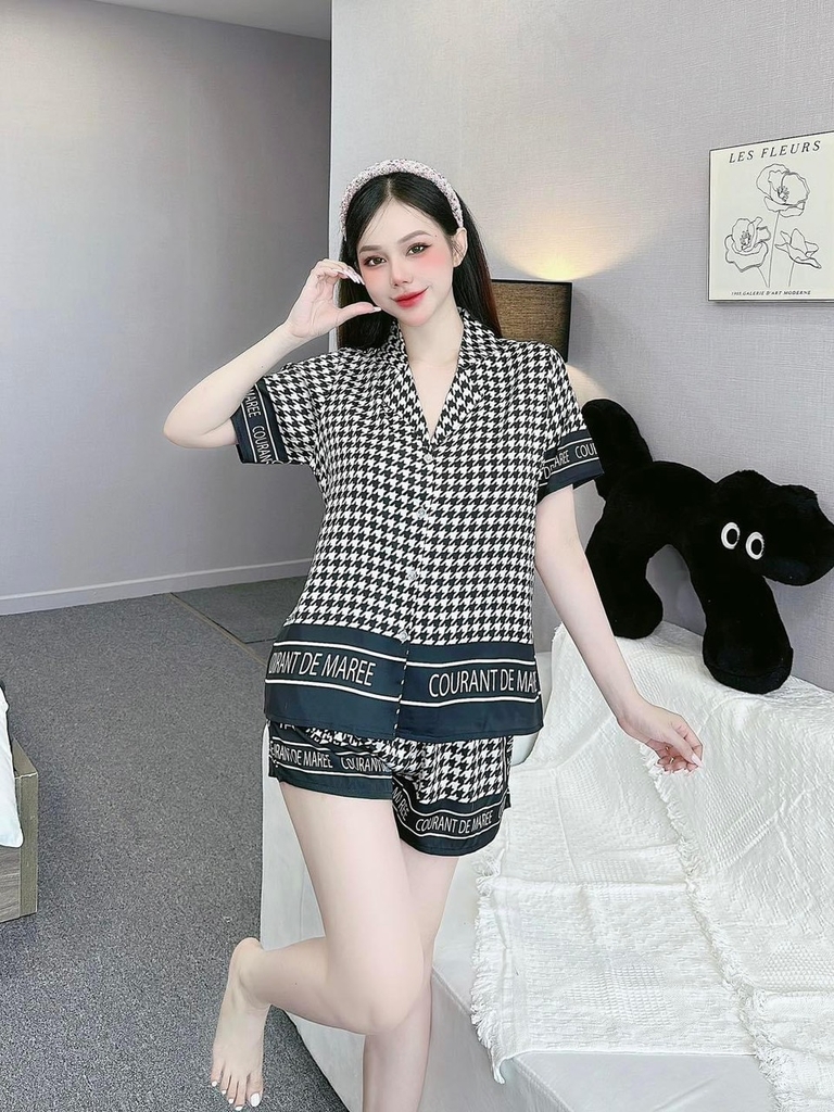 Set bộ đùi Pijama hàng hiệu form ngắn lụa cao cấp hottrent Xanh họa tiết nanh sói DN161240