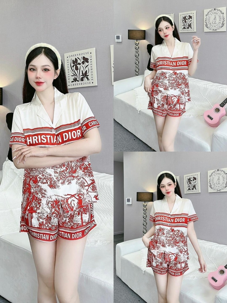 Set bộ đùi Pijama hàng hiệu form ngắn lụa cao cấp hottrent Đỏ phối họa tiết tranh DN160240