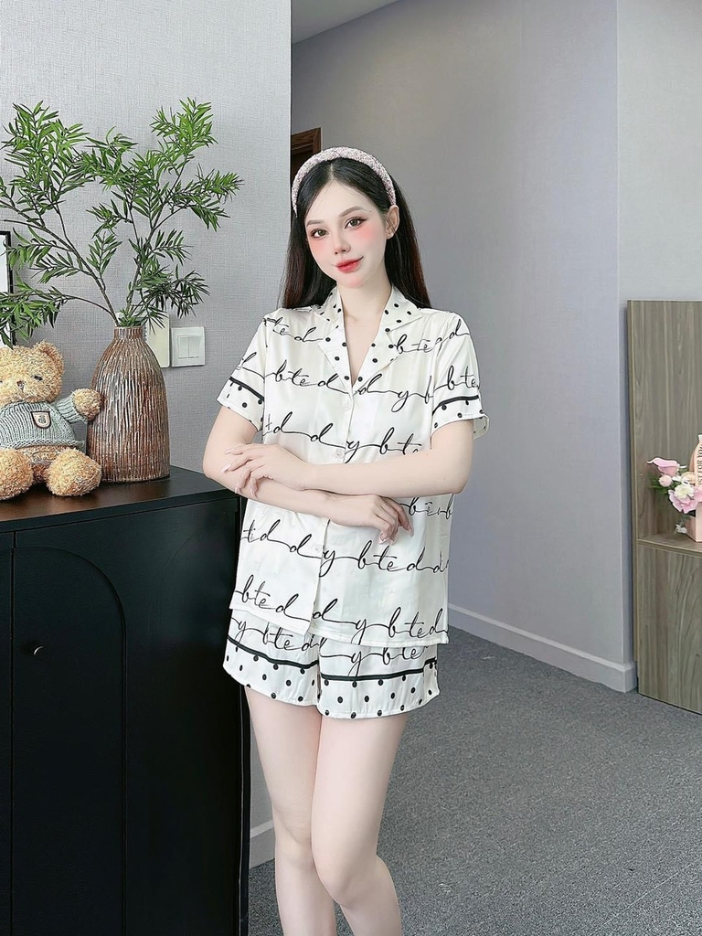 Set bộ đùi Pijama hàng hiệu form ngắn lụa cao cấp hottrent Trắng phối chữ DN163240