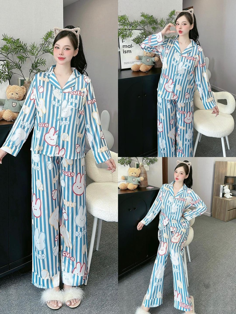 Đồ ngủ Pijama hàng hiệu form dài lụa cao cấp hottrent Kẻ Trắng xanh họa tiết thỏ hồng DN173240