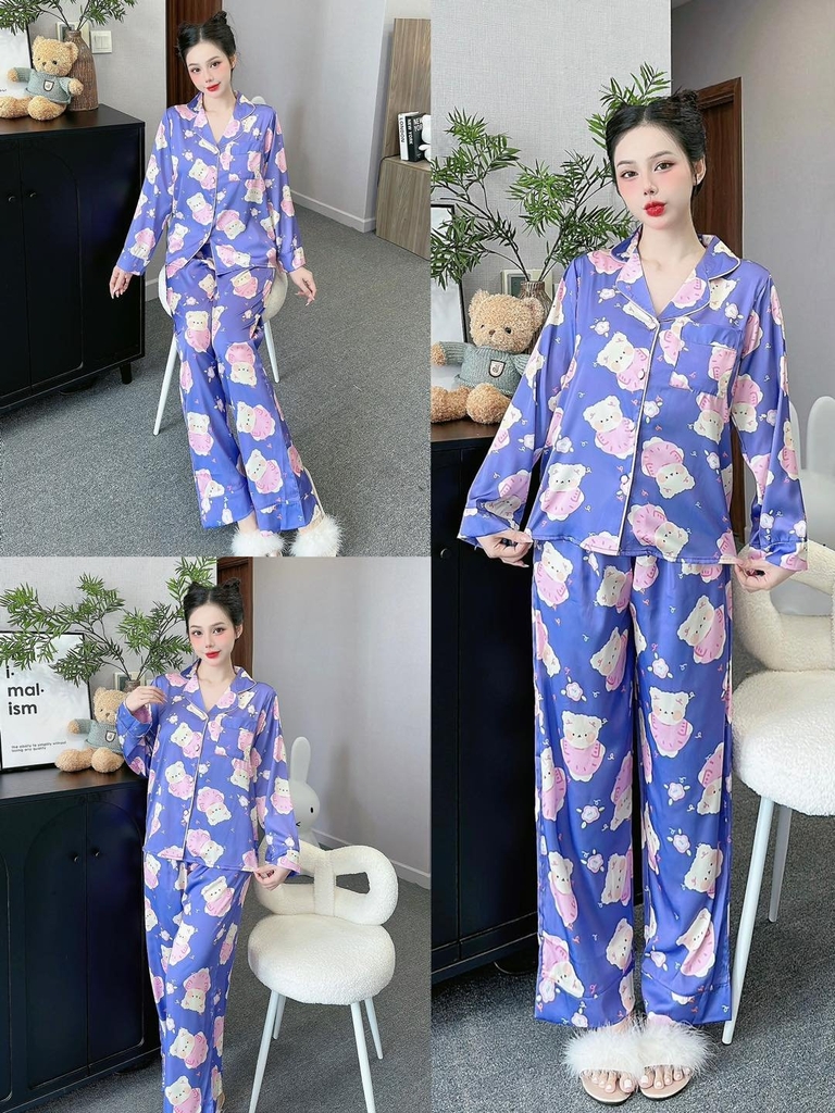 Đồ ngủ Pijama hàng hiệu form dài lụa cao cấp hottrent Tím họa tiết Catoon DN180240