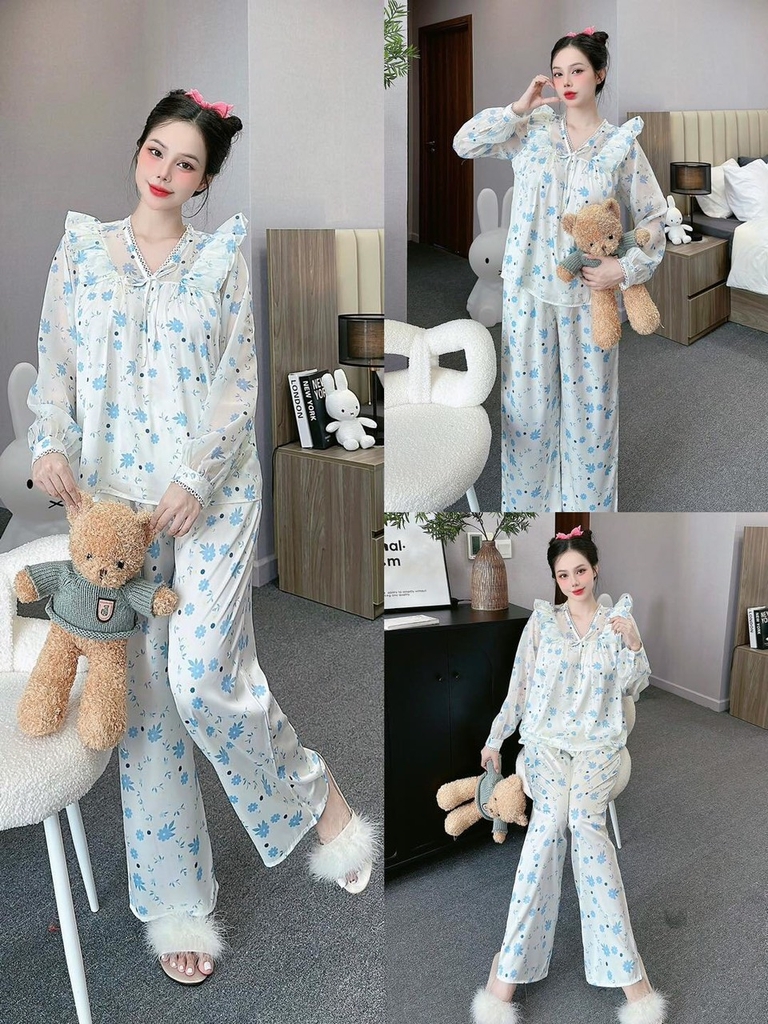 Đồ ngủ Pijama hàng hiệu form dài lụa cao cấp hottrent Trắng họa tiết hoa xanh DN167240