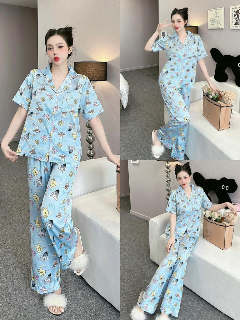 Đồ ngủ Pijama hàng hiệu form dài lụa cao cấp hottrent Xanh họa tiết gấu Bunny DN178240