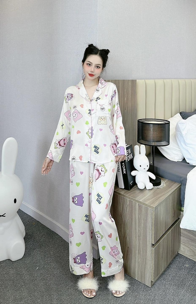 Đồ ngủ Pijama hàng hiệu form dài lụa cao cấp hottrent Trắng họa tiết Catoon DN174240