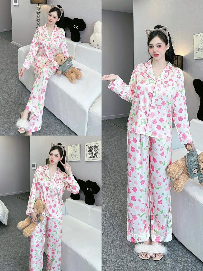 Đồ ngủ Pijama hàng hiệu form dài lụa cao cấp hottrent Trắng họa tiết bông hồng DN171240