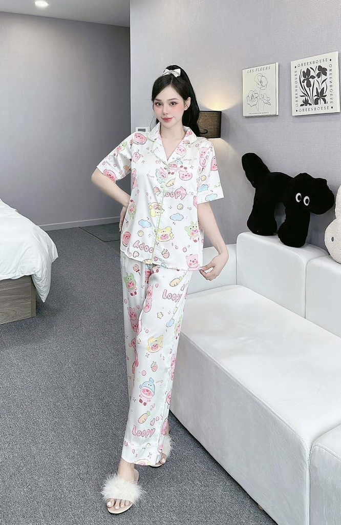 Đồ ngủ Pijama hàng hiệu form dài lụa cao cấp hottrent Trắng họa tiết gấu Kute DN177240