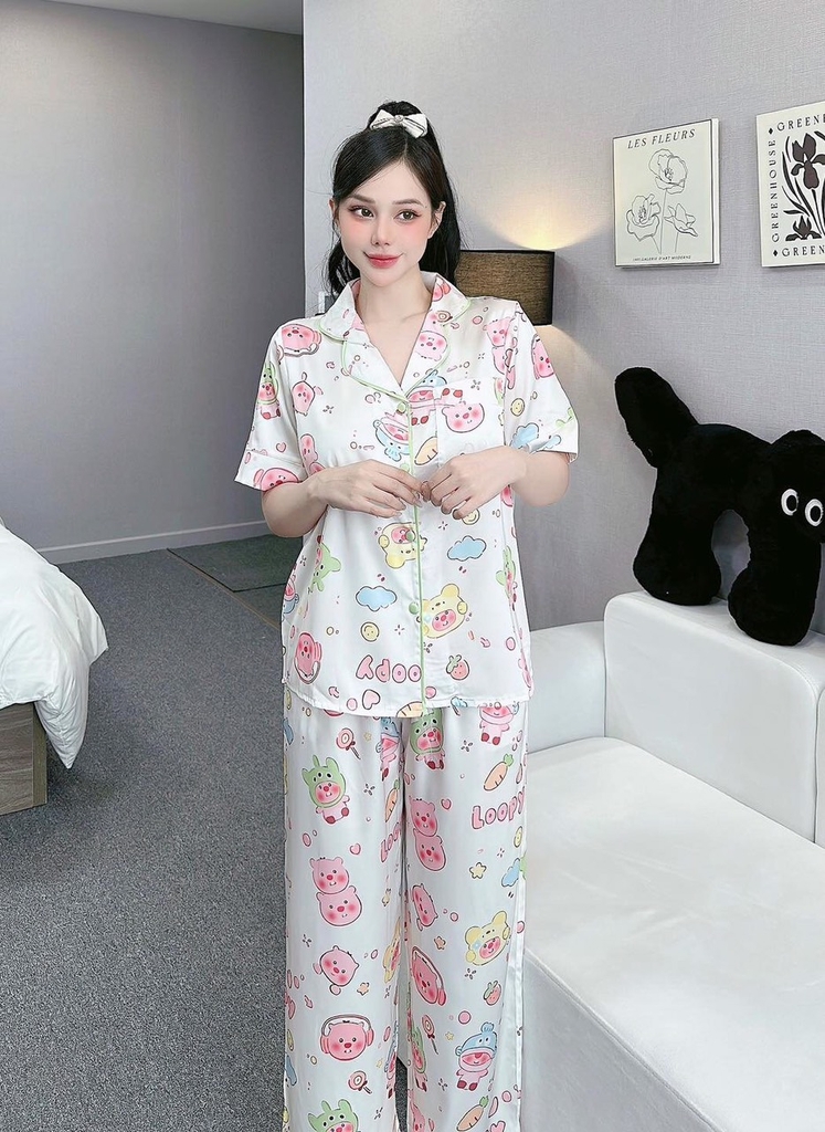 Đồ ngủ Pijama hàng hiệu form dài lụa cao cấp hottrent Trắng họa tiết gấu Kute DN177240